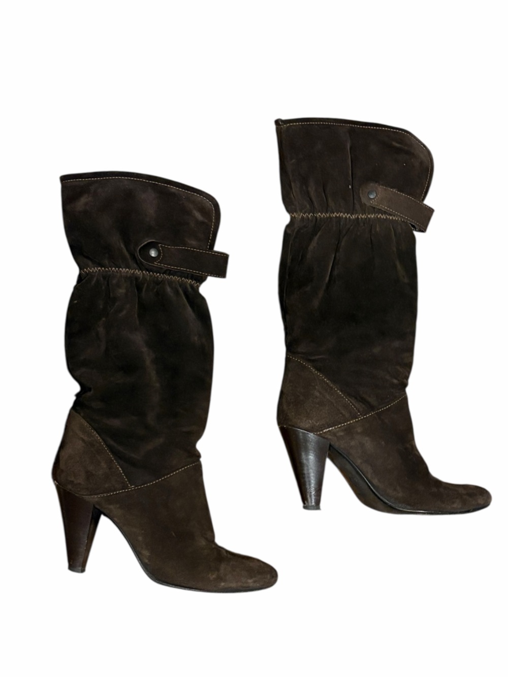Vintage Dark Brown Suede Mid-Calf Heeled Boots